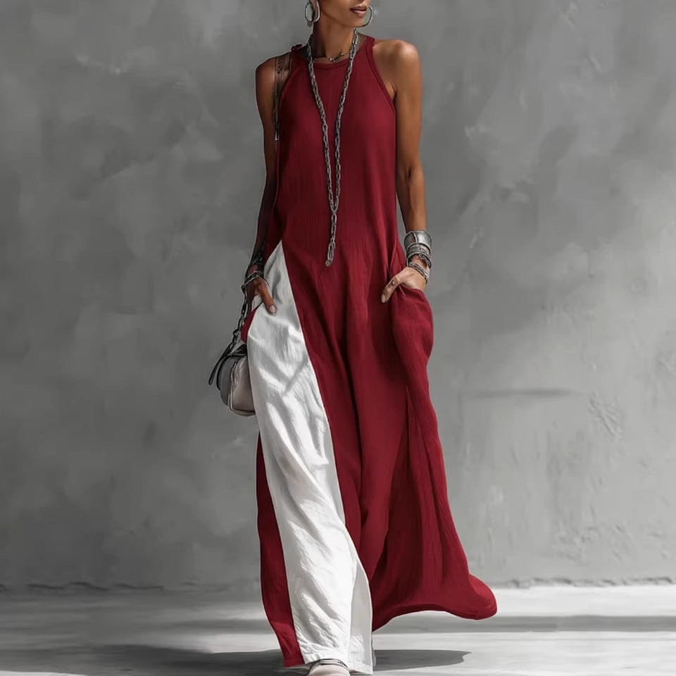 Women's Sleeveless Loose Pockets Contrast Color Casual Dress