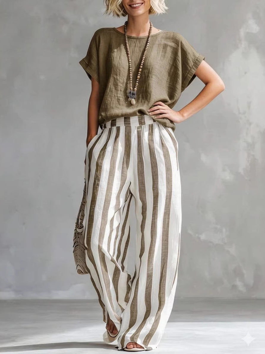 Women's Round Neck Straight Striped Trousers Fashion Casual Suit