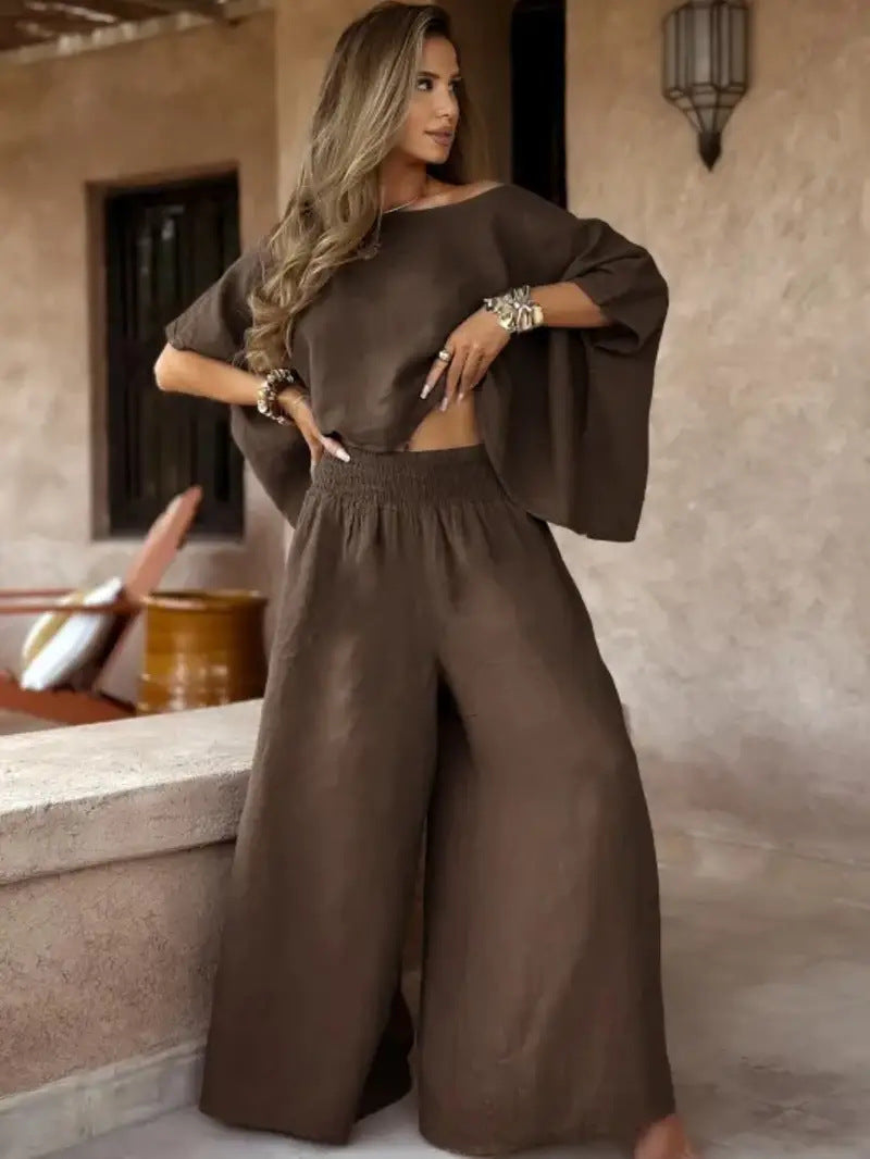 Women's Solid Color Elegant Two-piece Round Neck Wide Suits