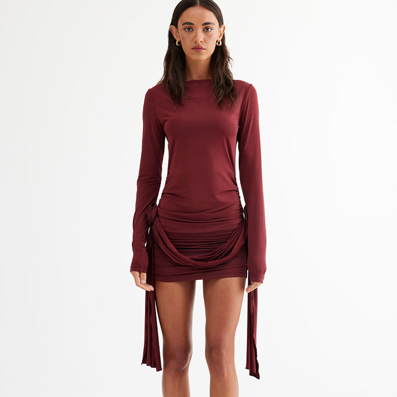 Solid Color Long Sleeve Round Neck Patchwork Dresses