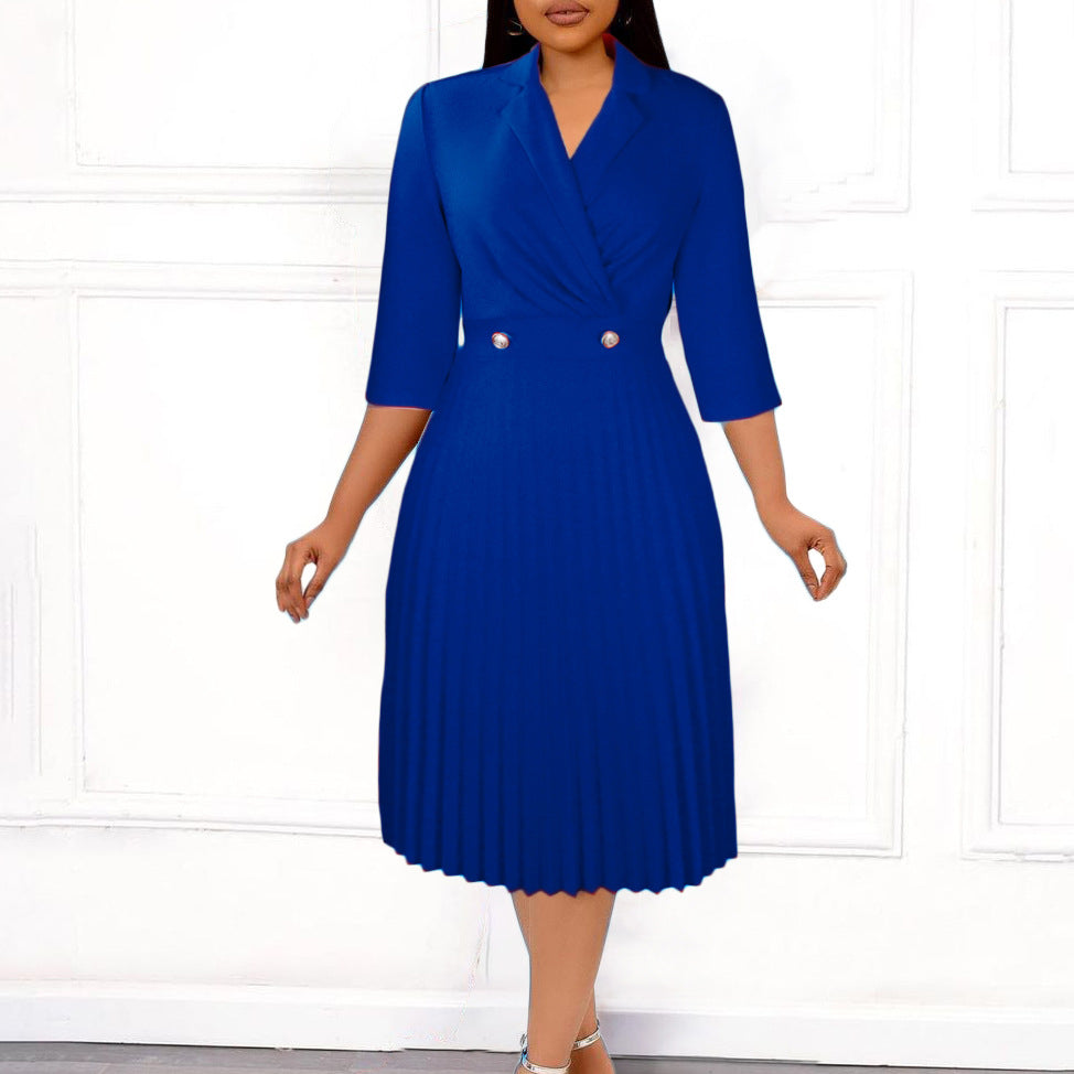 Women's Autumn Solid Color Elegant Collar Pleated Dress