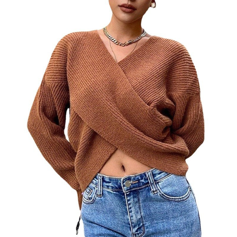 Solid Color Sexy Cross Cropped Long-sleeved Knitted Sweater