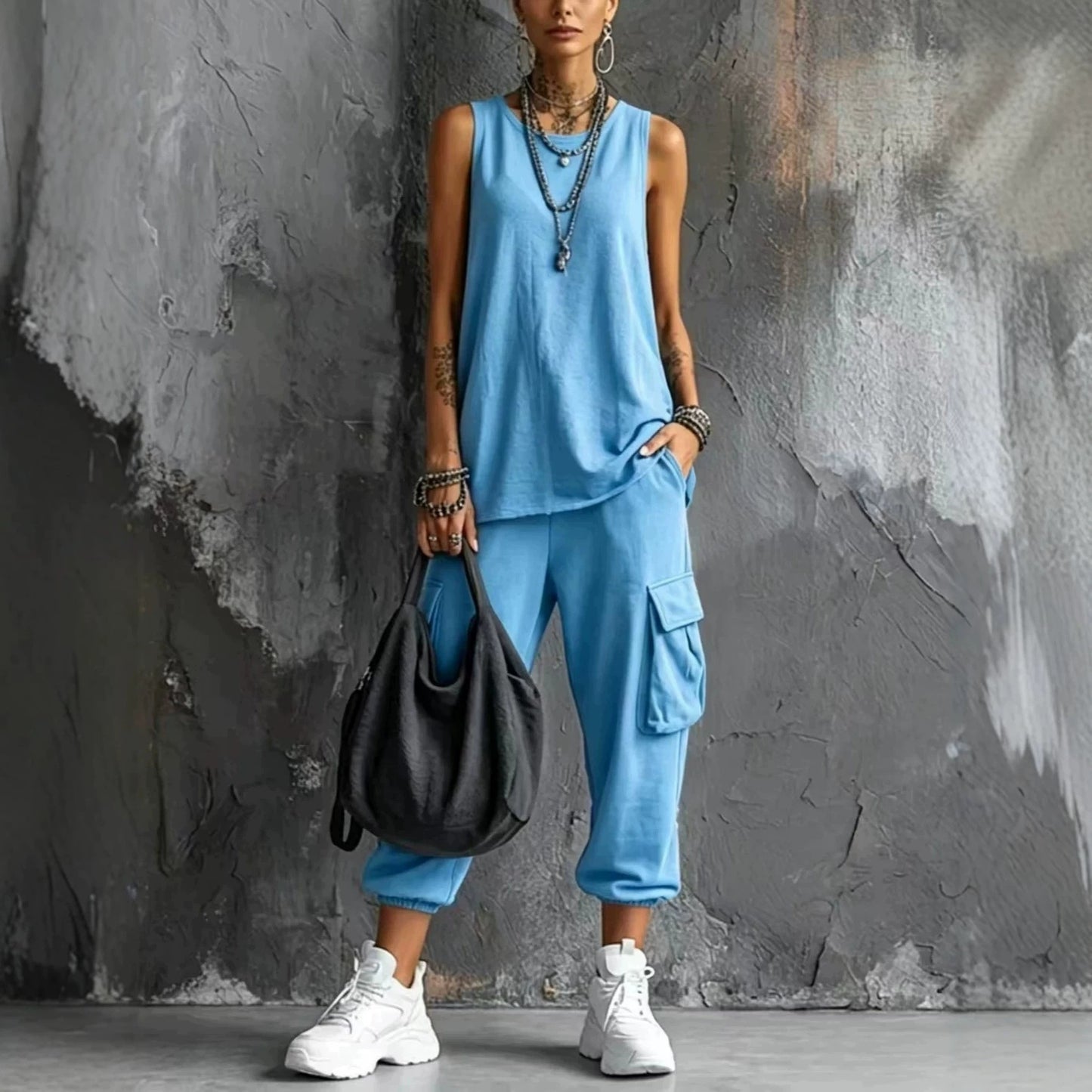 Women's Summer Sleeveless Round Neck Overalls Two-piece Fashion Casual Suit