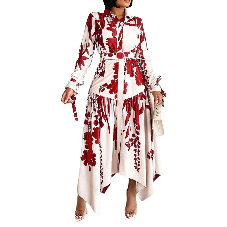 Women's Summer Fashion Temperament Printed Lapel Long Sleeve Skirts