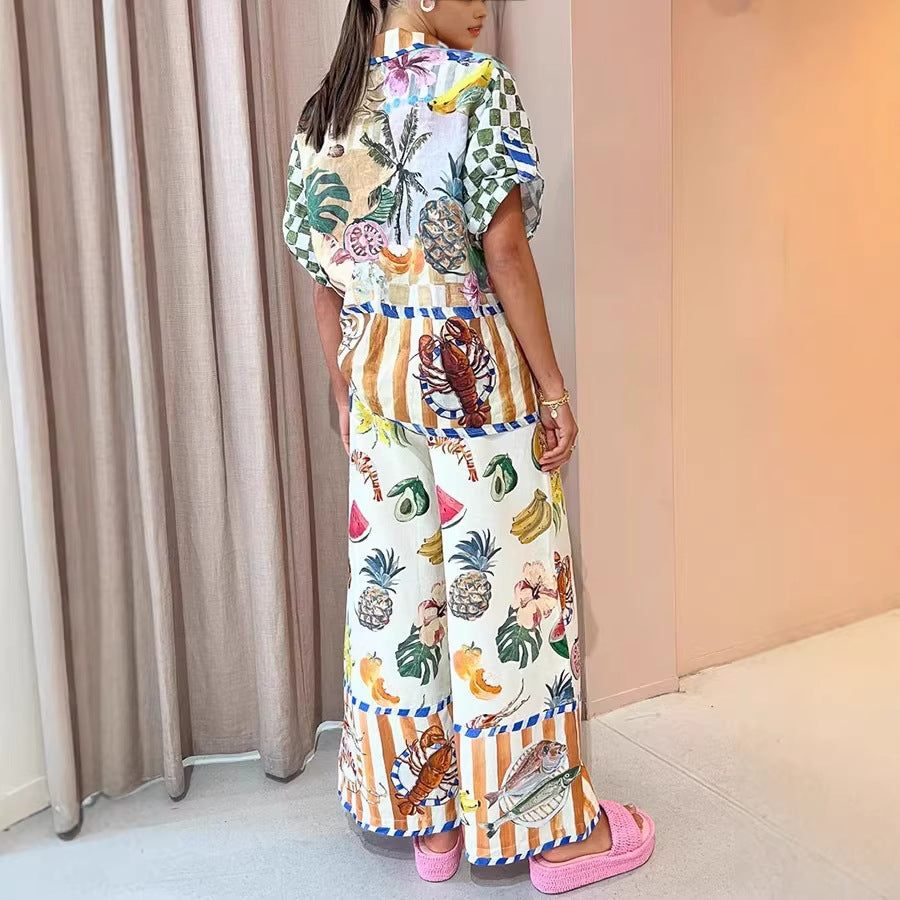 Women's Floral Print Sleeve Color Matching Tether Trousers Fashion Casual Suit