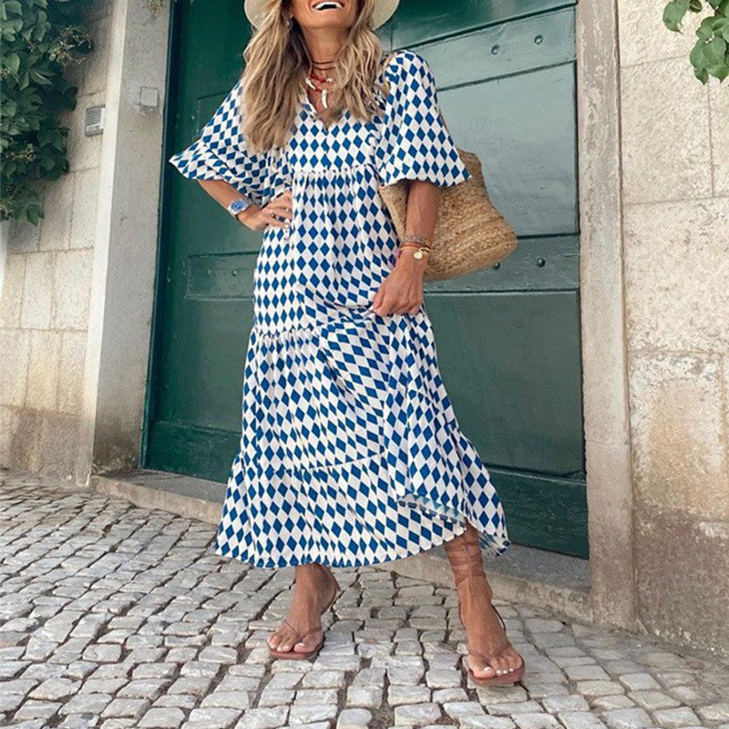 Women's Fashion Bohemian Lantern Sleeve Temperament Printed Dress