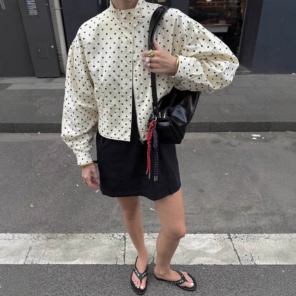Women's Polka Dot Print Stand Collar Long Coats