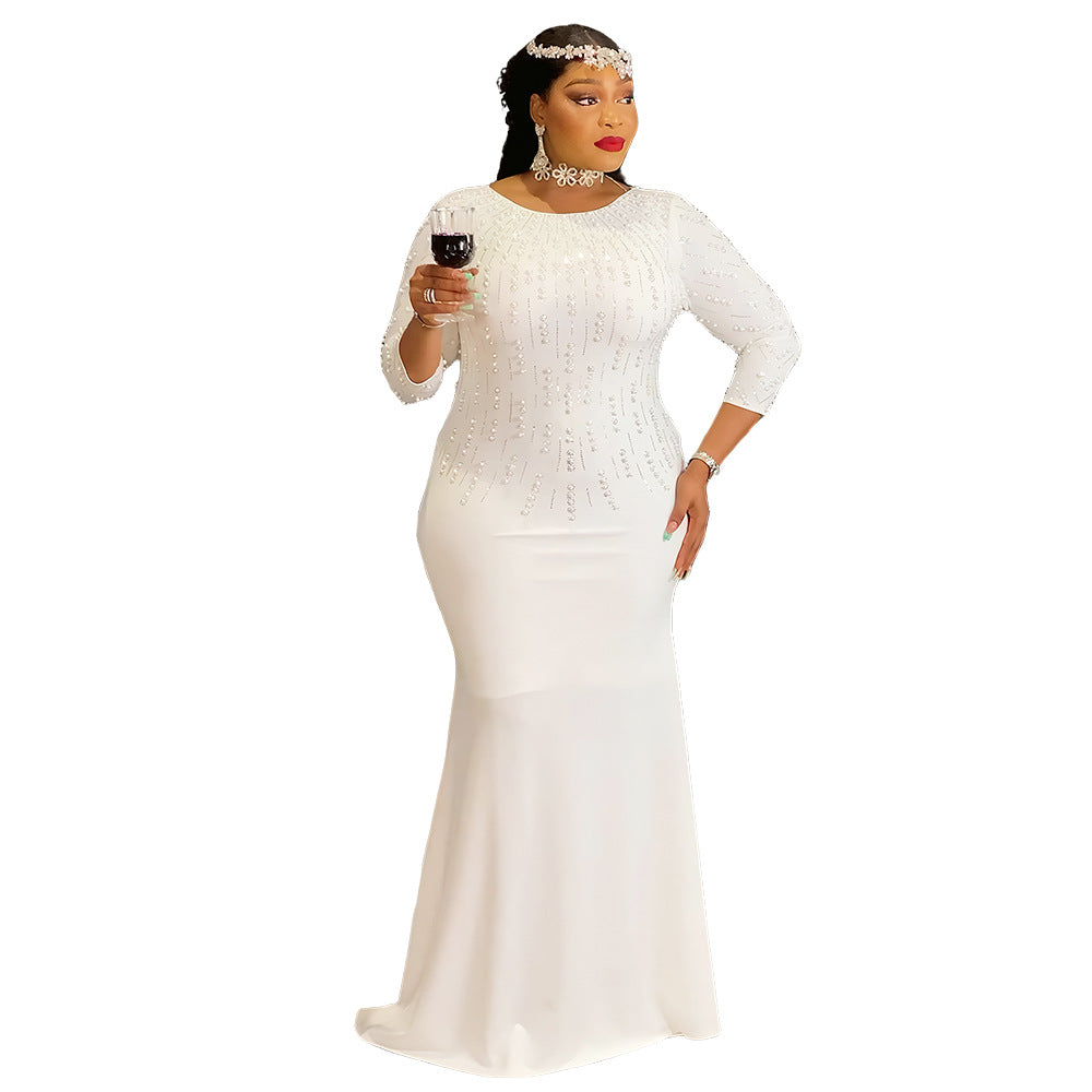 Women's African Fashion Rhinestone Formal Dress Solid Dresses