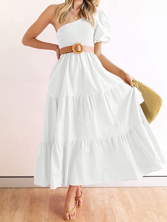 Women's Summer Bohemian Solid Color Smoked Layered Dresses