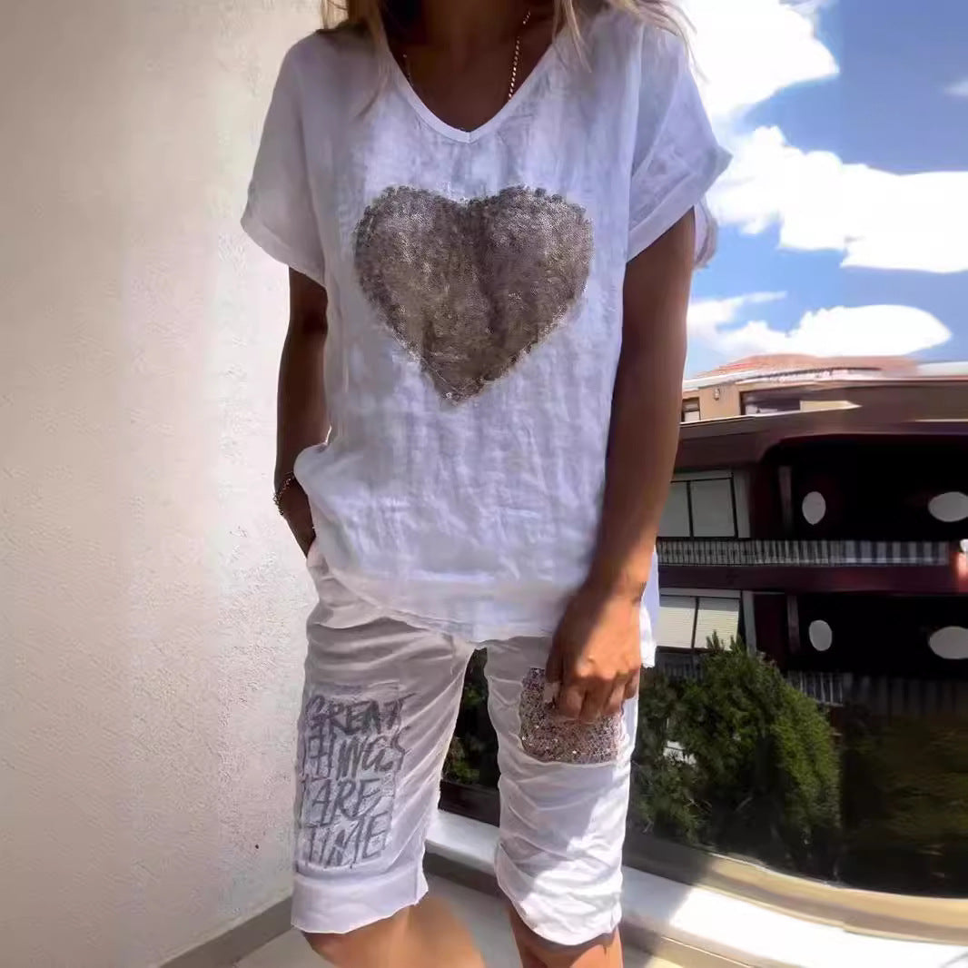Women's Cotton Linen Loose Wear Heart-shaped Sequined Fashion Casual Suit