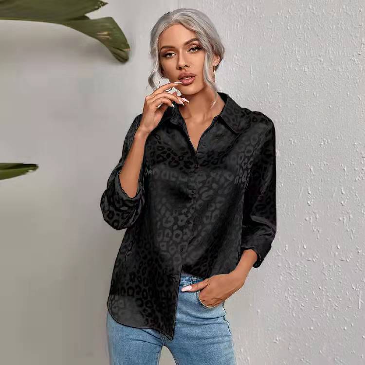 Women's Lapel Open Button Leopard Jacquard Shirt Temperament Blouses