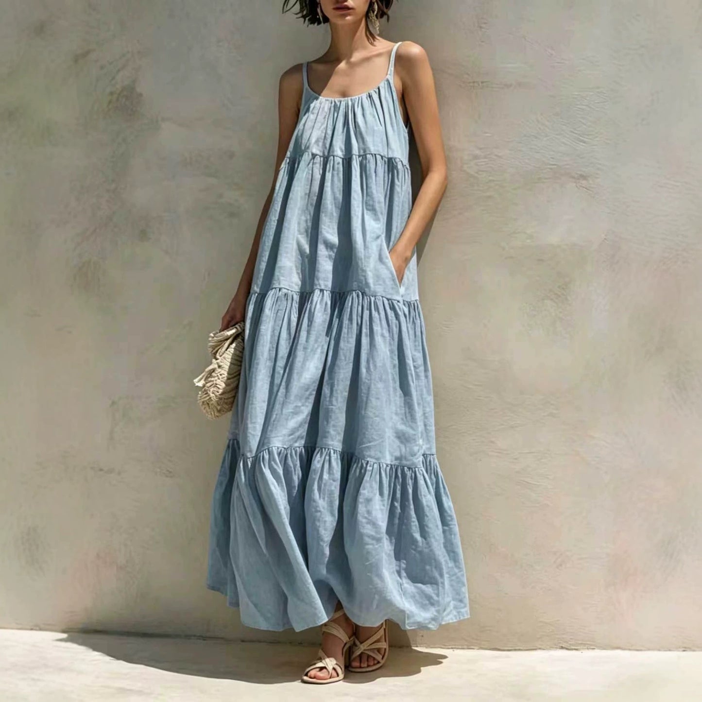 Summer Sleeveless Strap Elegant Stitching A- Dress