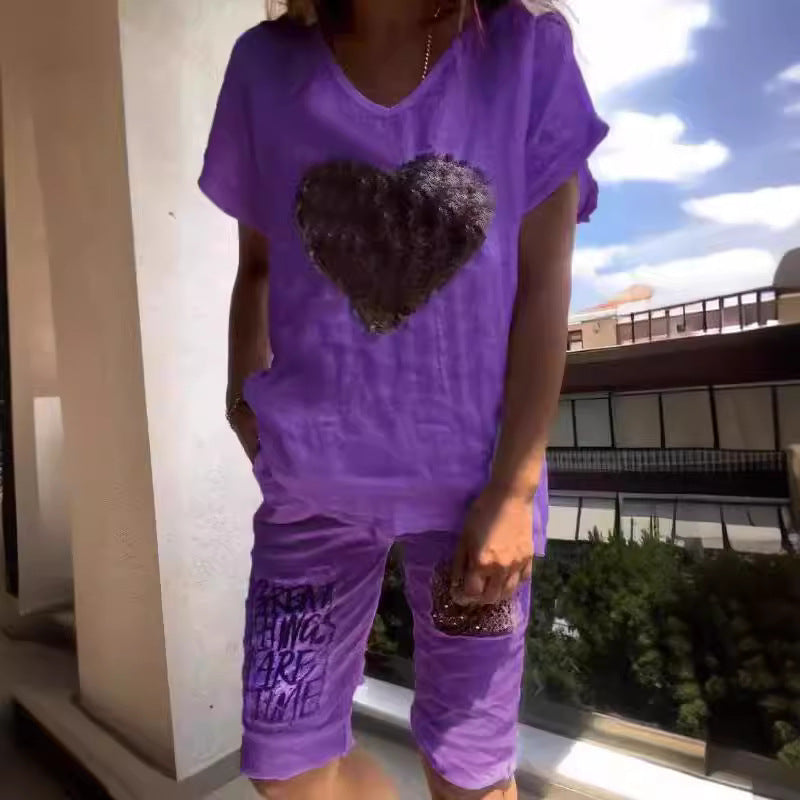 Women's Cotton Linen Loose Wear Heart-shaped Sequined Fashion Casual Suit