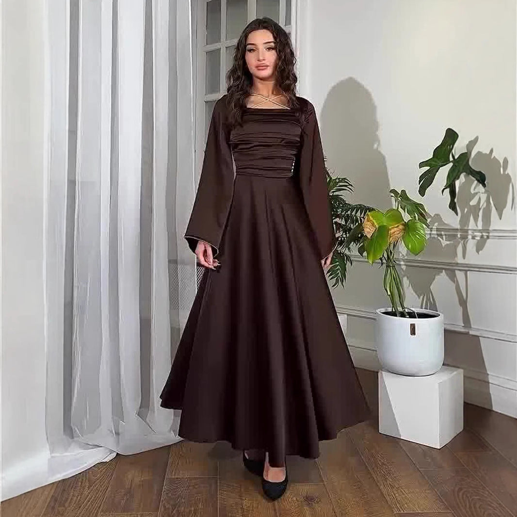 Women's Spring Design Diamond Tied Long Sleeves Satin Dresses