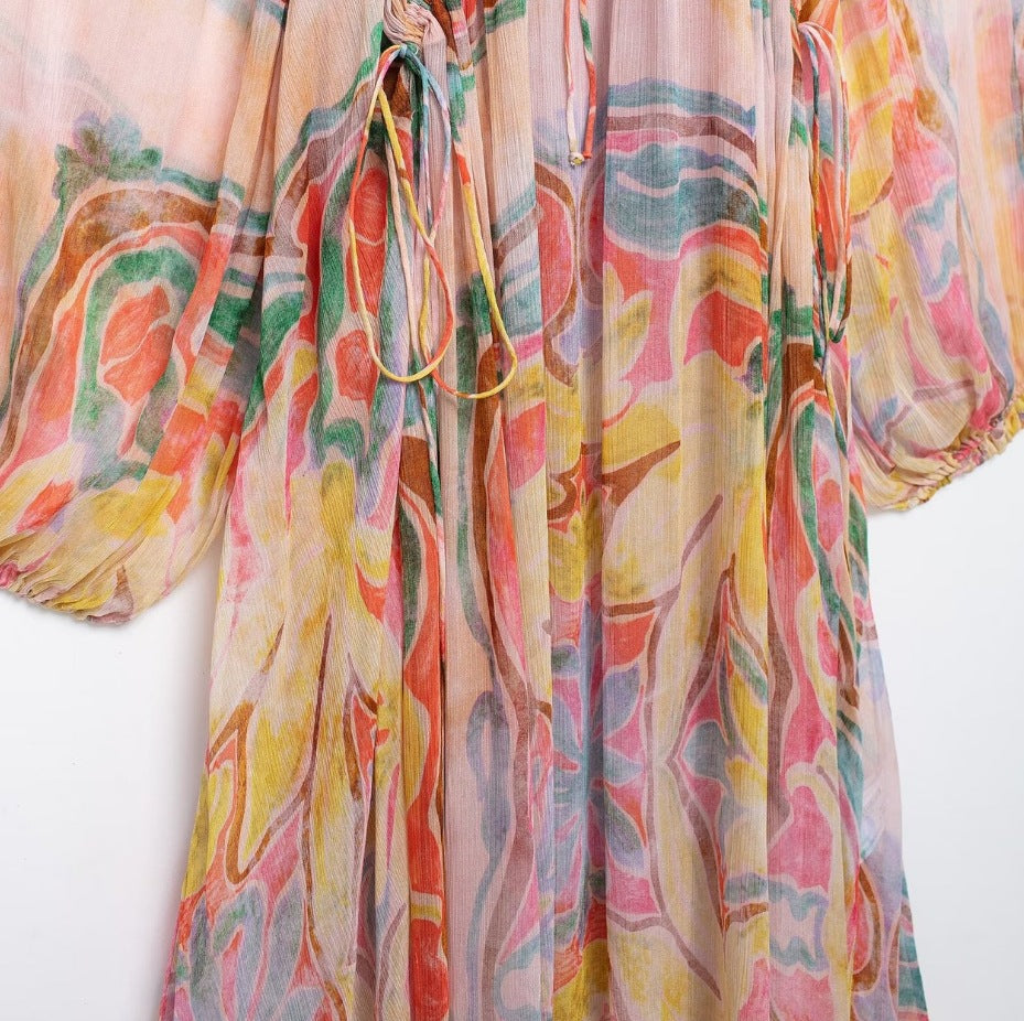 Women's Loose Series Printed Long Sleeve Midi Dresses