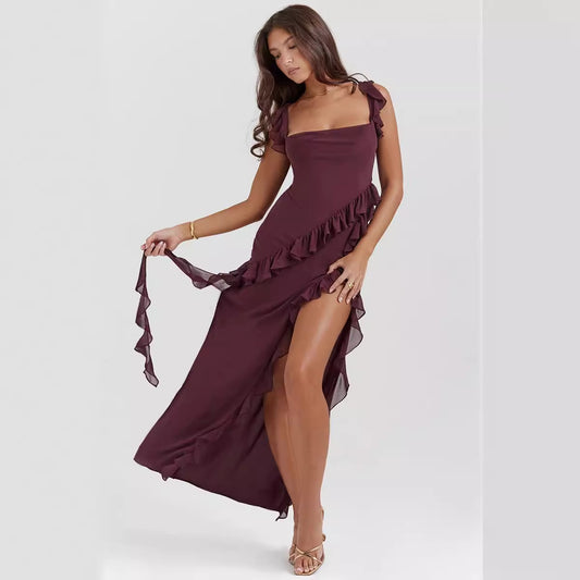 Women's French Strap Wooden Ear Design Hot Split Dresses