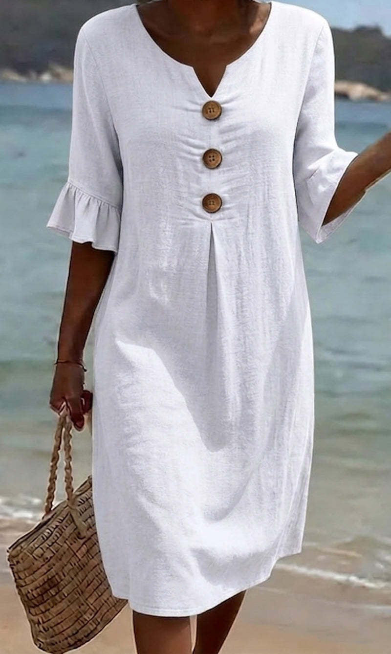 Women's Cotton Linen Buttons Ruffle Sleeve Dress