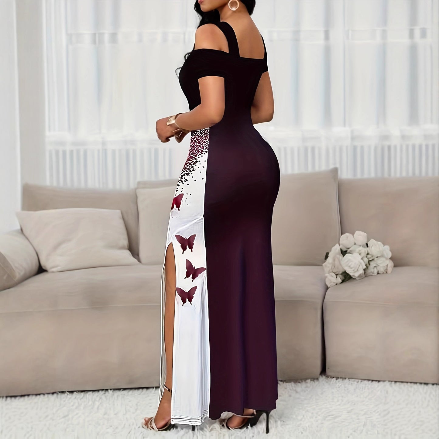Women's Fashionable Elegant Dyed Butterfly Print Split Dress