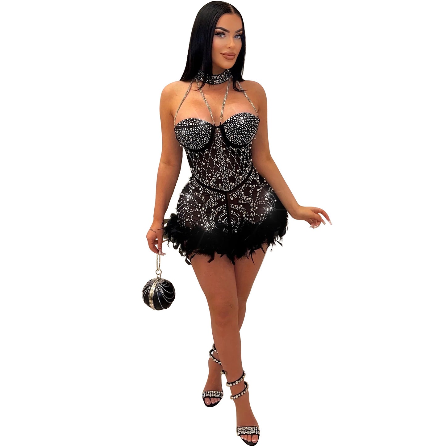 Women's Rhinestone Beaded Sexy Mesh Nightclub Feather Jumpsuits