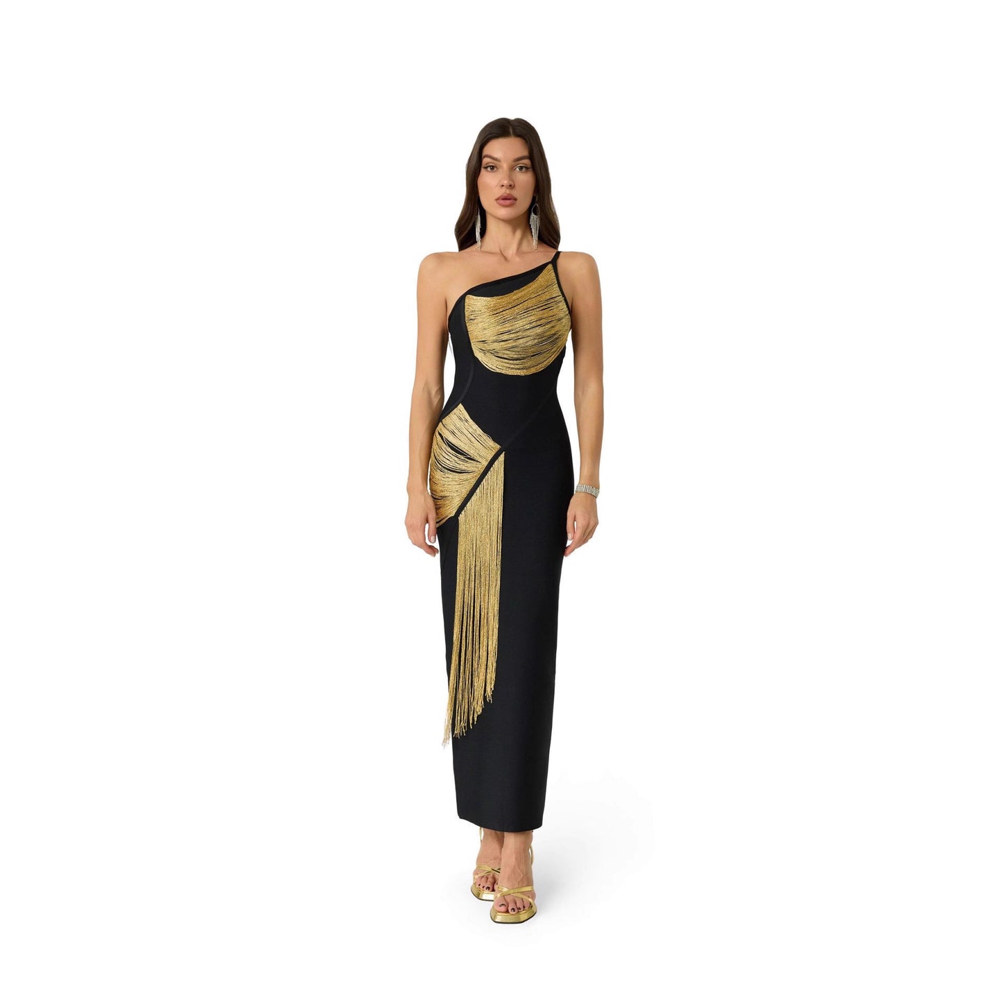 Women's Black Slant Shoulder Bandage One-piece Sleeveless Dress