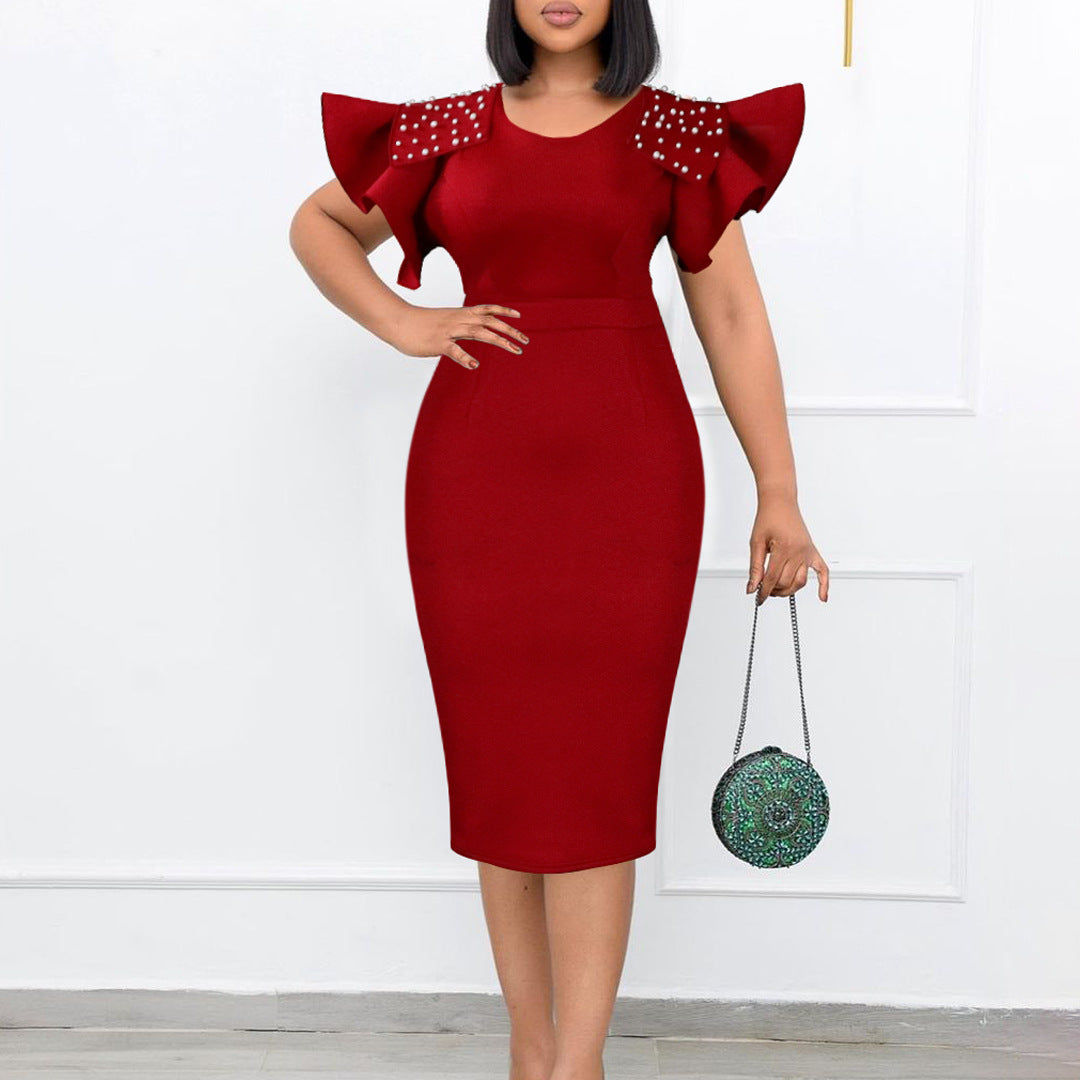 Women's Round Neck Ruffle Sleeve Slit Beaded Plus Size