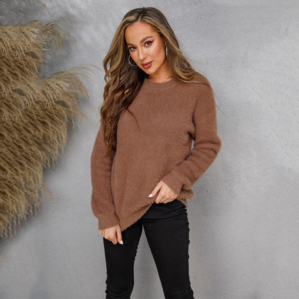 Spring Veet Pullover Solid Color Long Sleeve Sweater