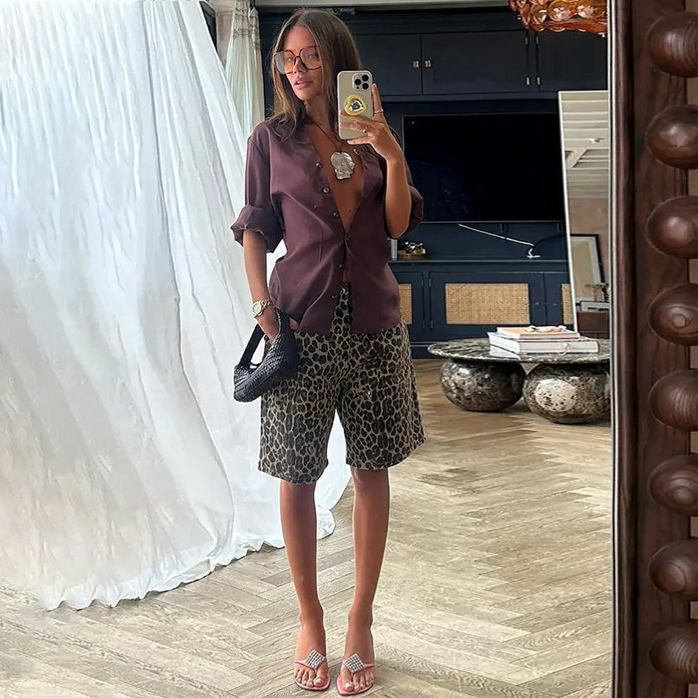 Women's Cotton Leopard Print Fashionable Fifth Style Pants