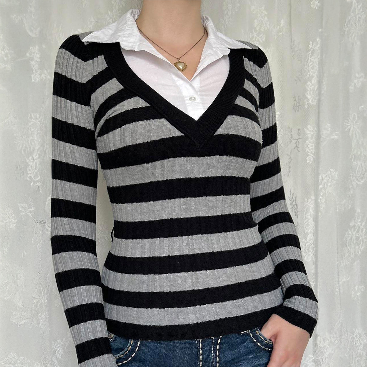 Women's Leisure Vacation Stitching Stripe Long Sleeves Blouses
