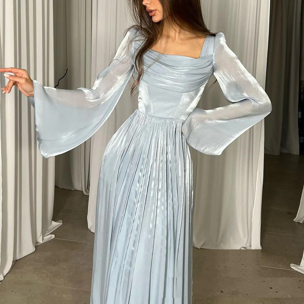 Women's Autumn French Square Collar Pleated Slim Dresses