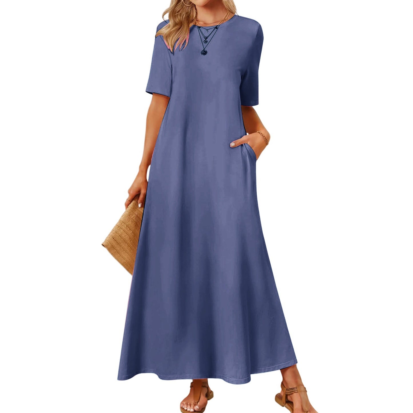 Women's Solid Color Round Neck Pocket Sleeve Dress