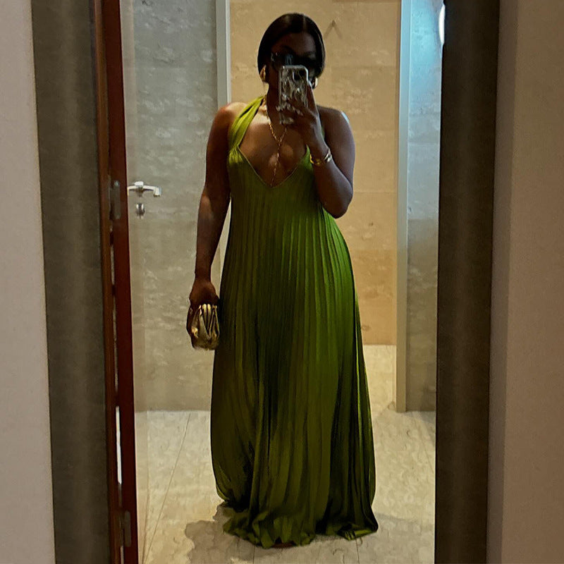 Women's Autumn Sweet Fresh Halter Backless Pleated Dresses