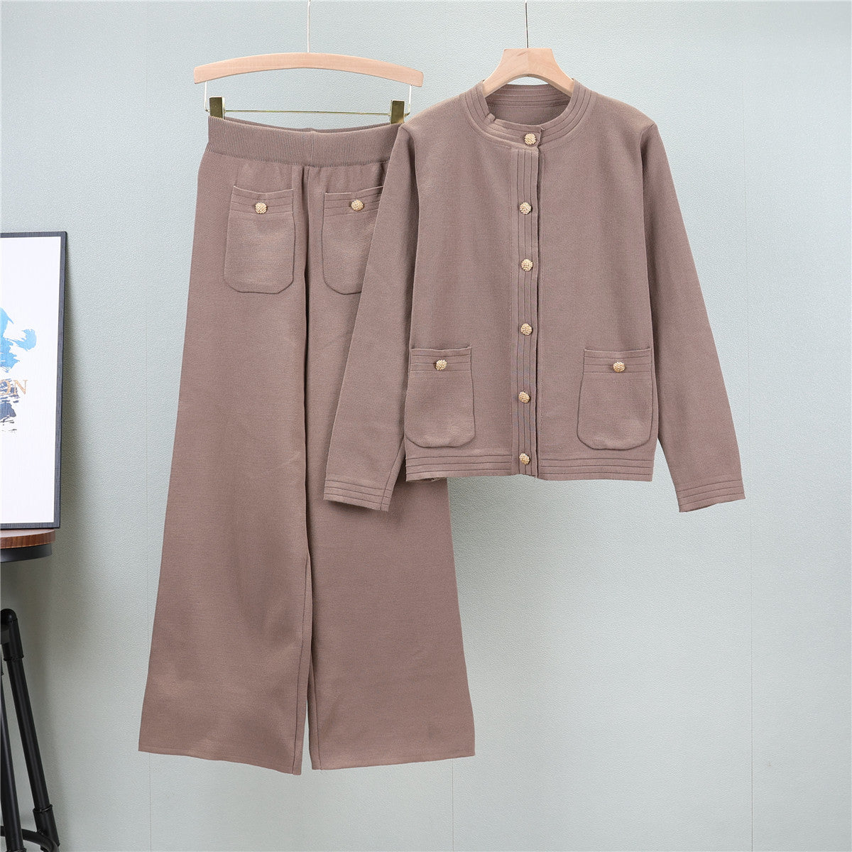 Women's Knitting Wide Leg Trousers Classic Style Two-piece Tops