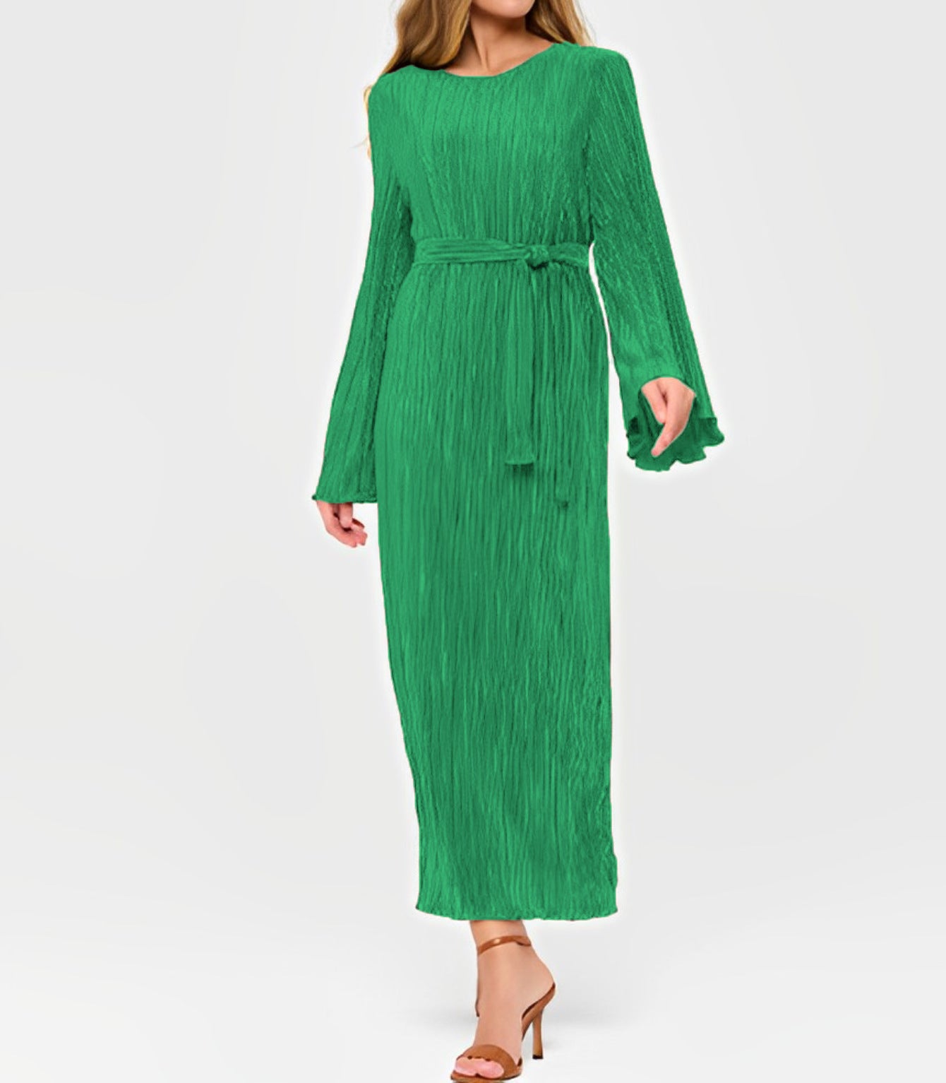 Women's Pleated Bell Sleeve Crew Neck Casual Holiday Idle Dress