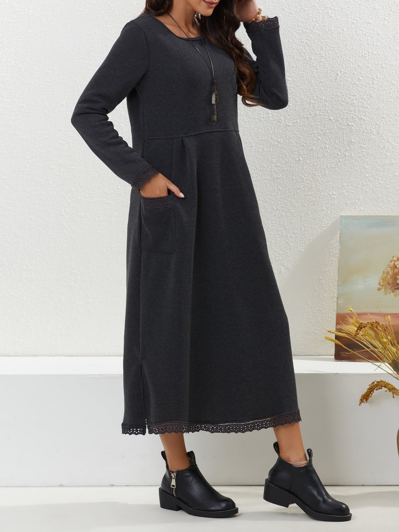Autumn Loose Oversized Knit Lace Brushed Hoody Dress