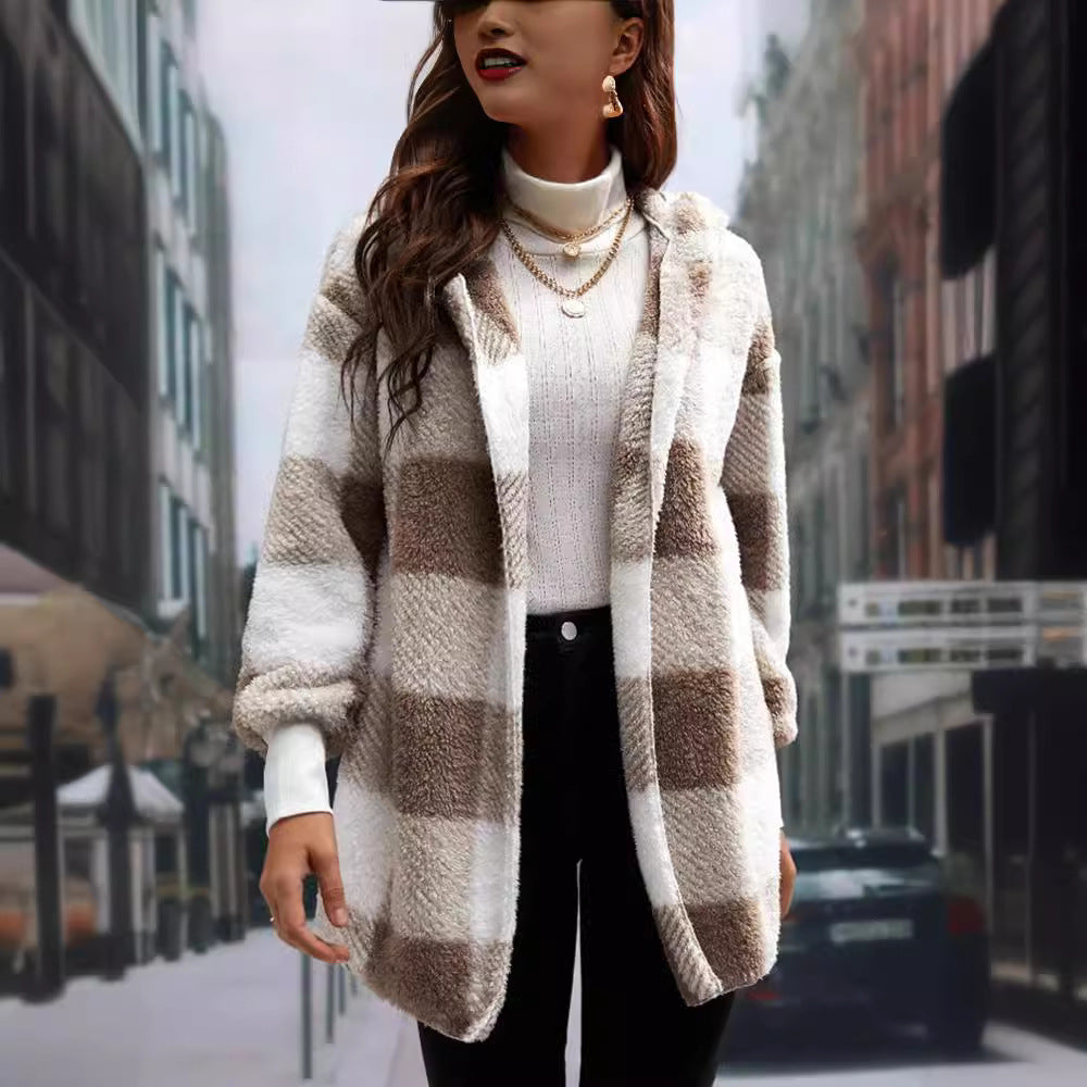 Women's Loose Plaid Color Stitching Knitted Fashion Sweater