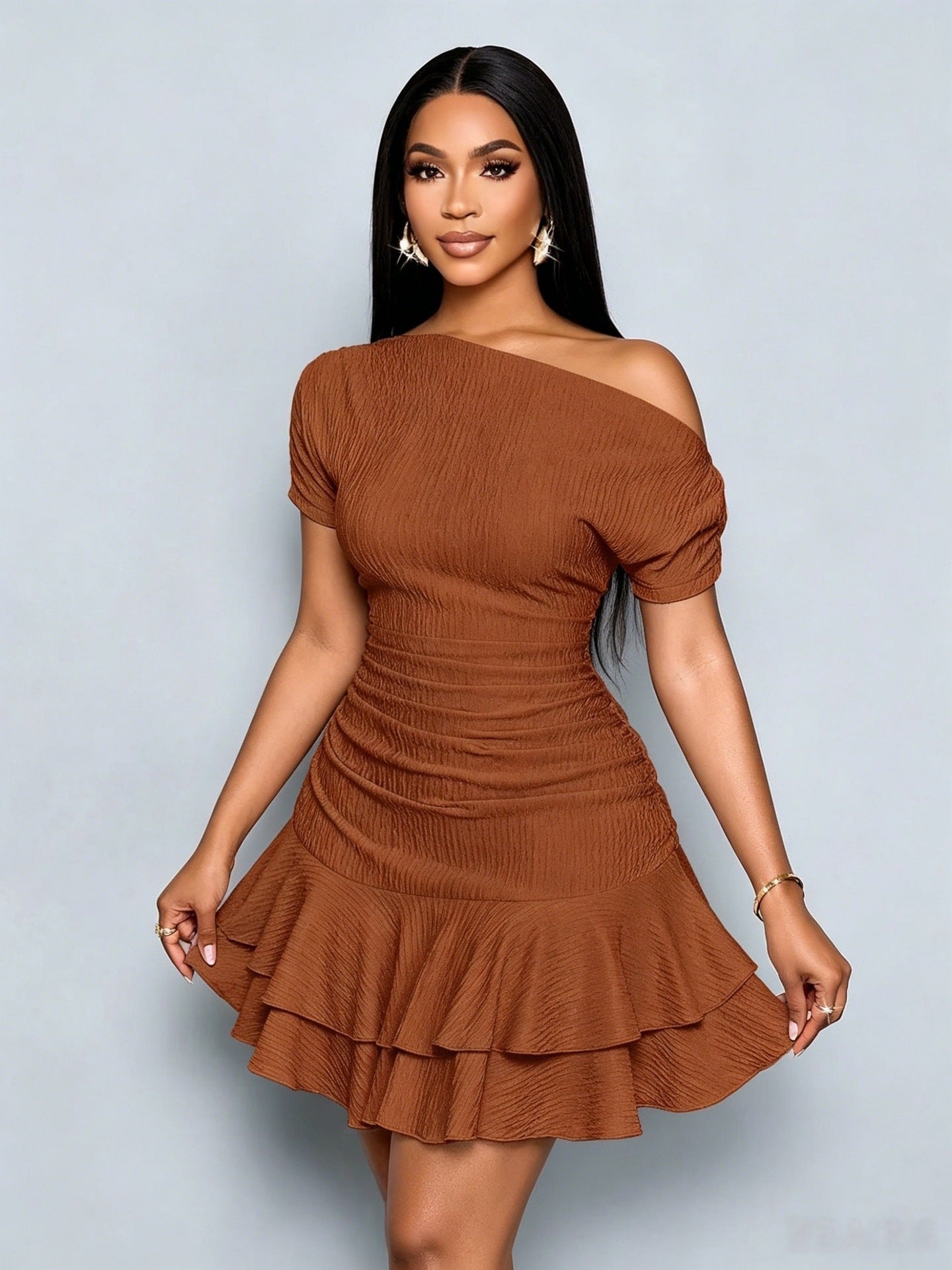 Women's Summer Solid Color Oblique Shoulder Ruffled Dress