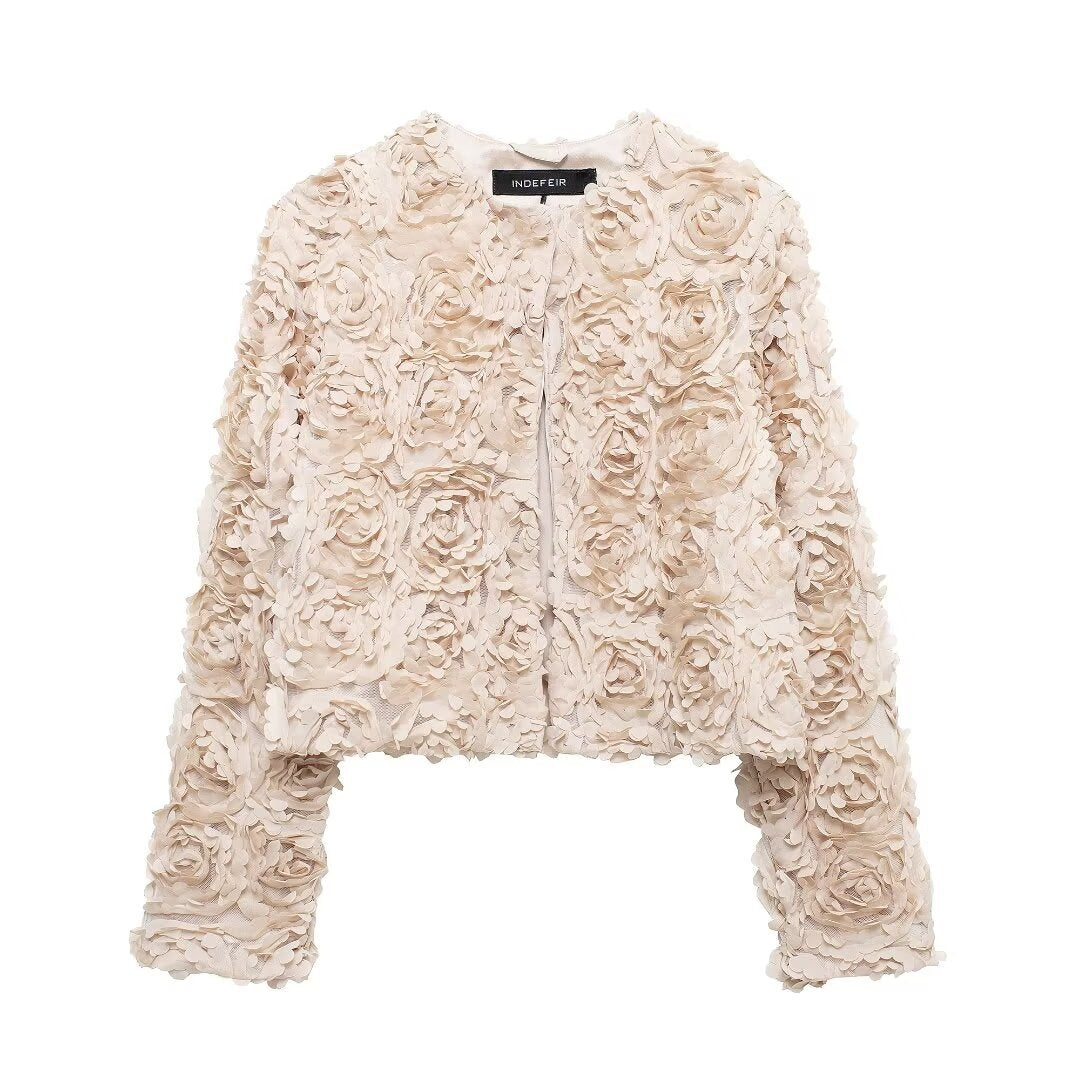 Women's Fashion Round Neck Flower-shaped Texture Coats