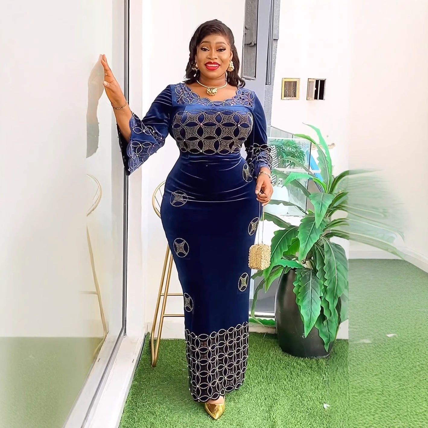 Fashion Rhinestone Long Dress African Flannel Dresses