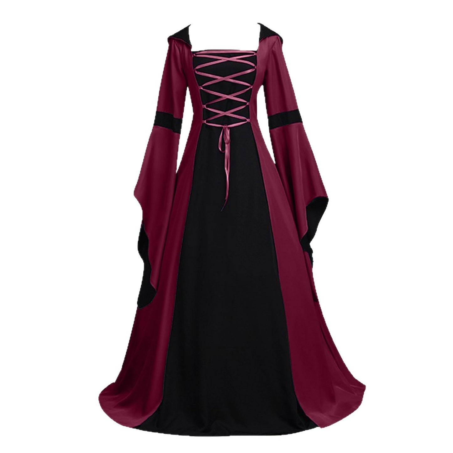 Retro Hooded Square Collar Lace Up Bell Sleeve Large Swing Dress