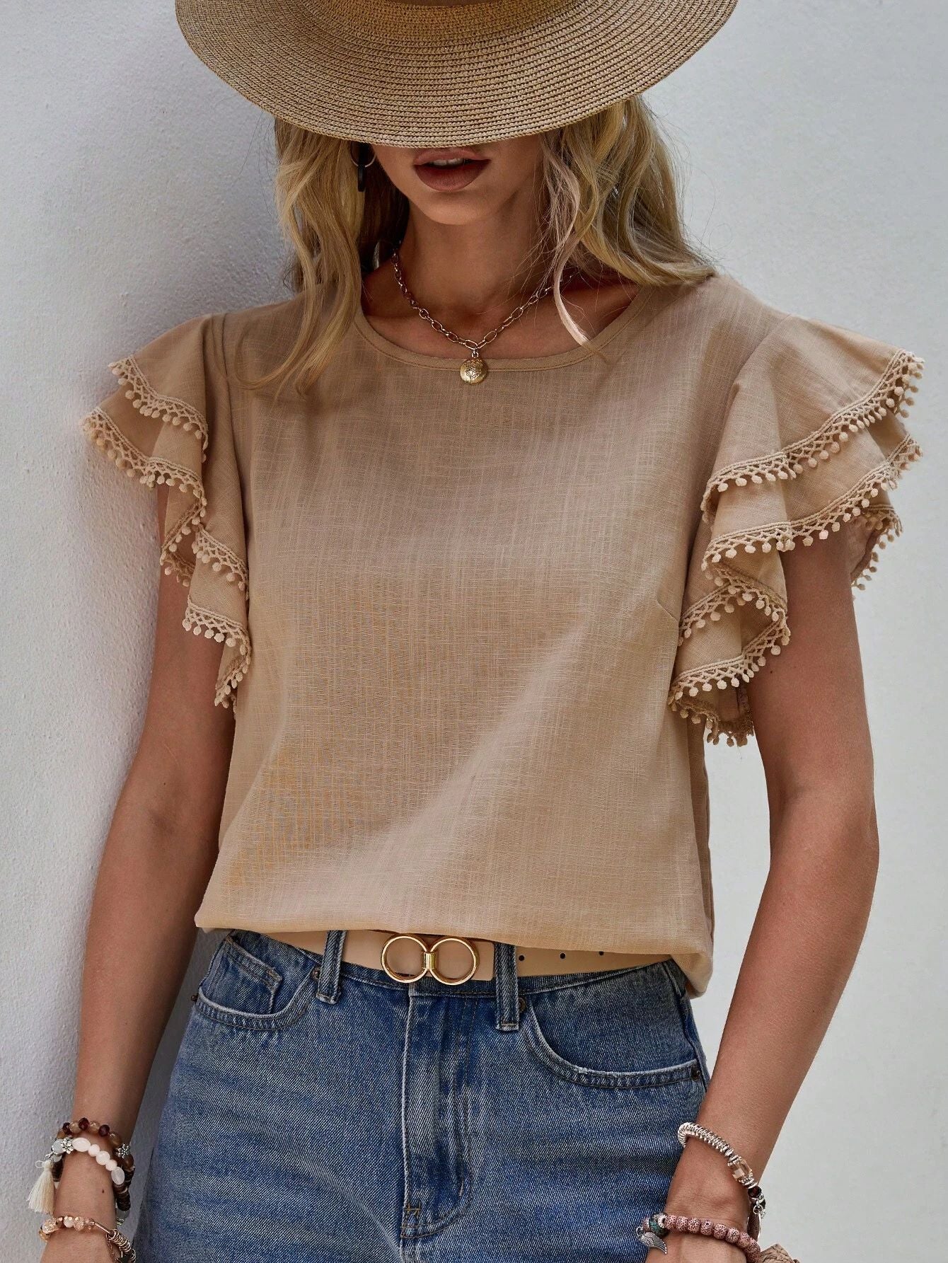 Women's Neck Summer Loose Shirt Lotus Leaf Batwing Tops