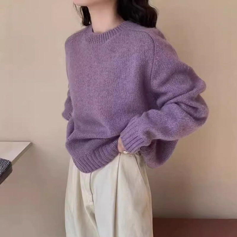 Women's Retro Lazy Style Solid Color Round Neck Loose Pullover Sweater