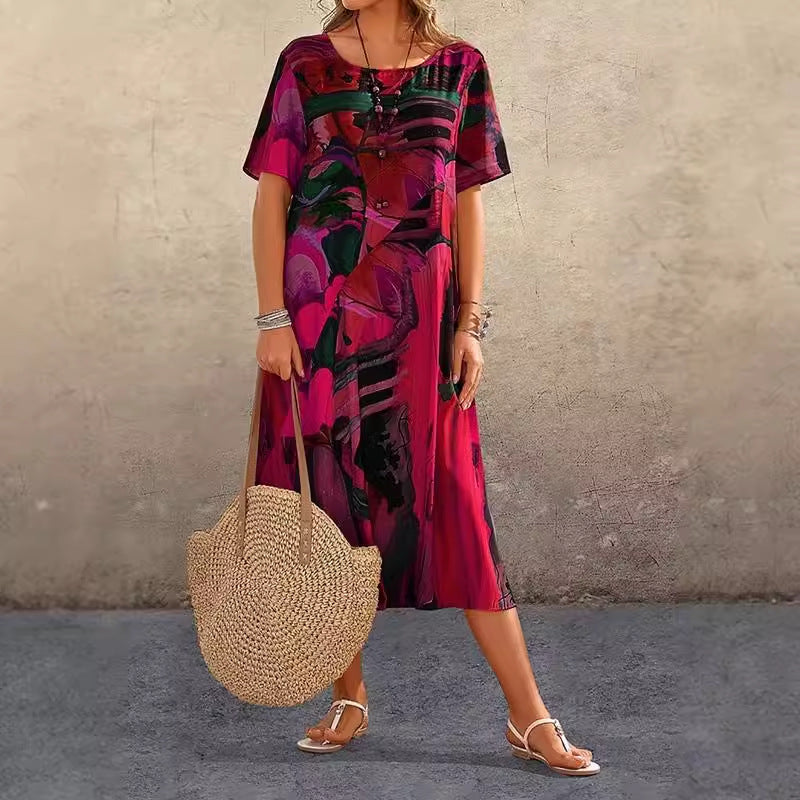 Casual Printing Summer Short-sleeved Waist Round Neck Loose Dress