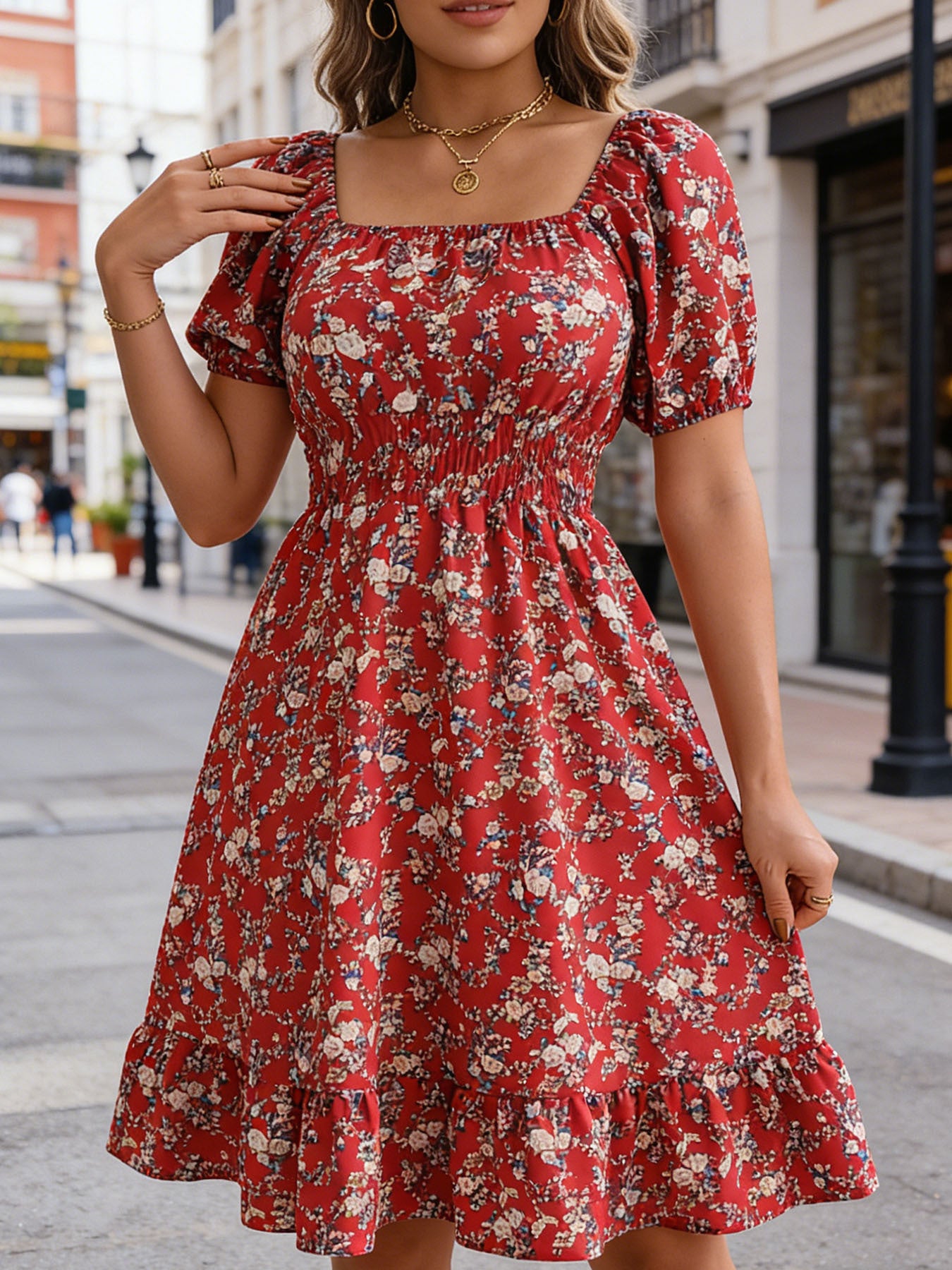 Women's Floral Square Collar Sleeve Ruffled A- Skirts
