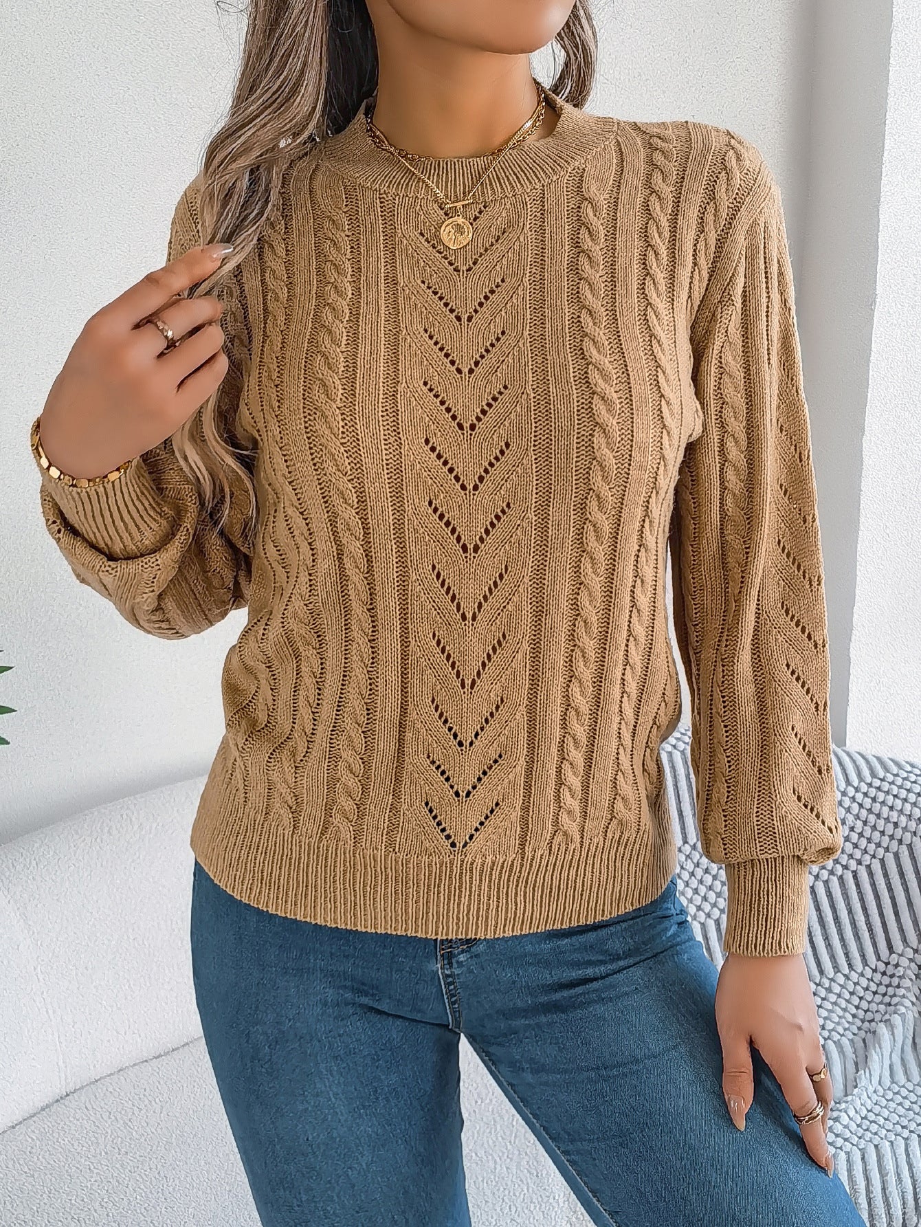 Women's Casual Solid Color Lantern Sleeve Pullover Sweater