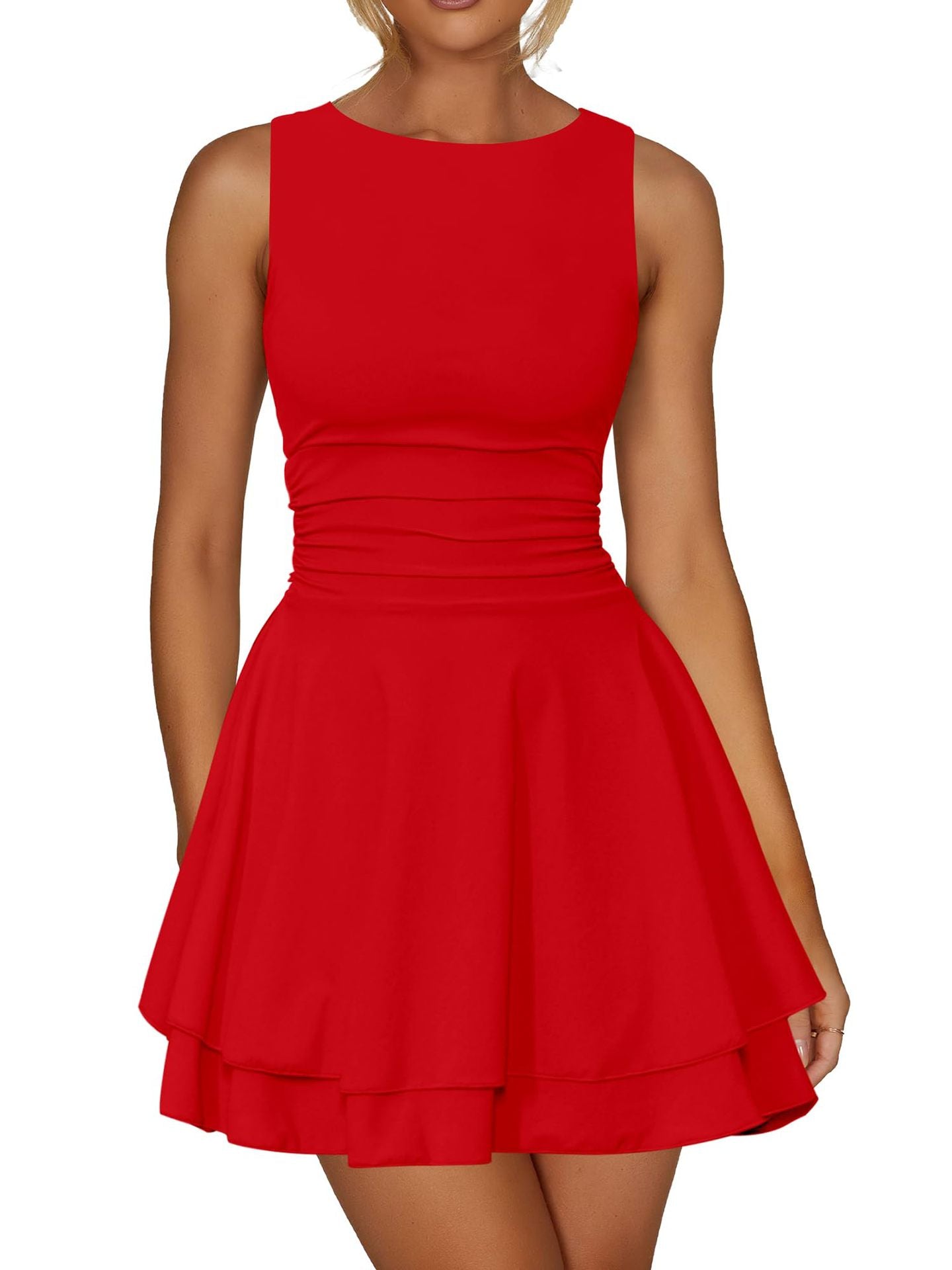 Women's Round Neck Waist Pleated Double Hem Dresses