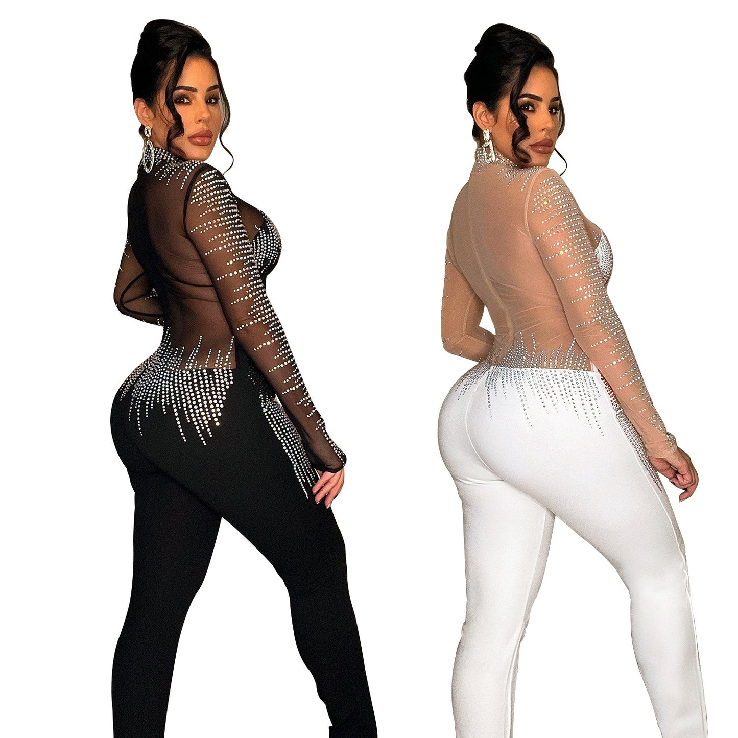 Women's Fashion Wear Pure Color Mesh Rhinestone Suits