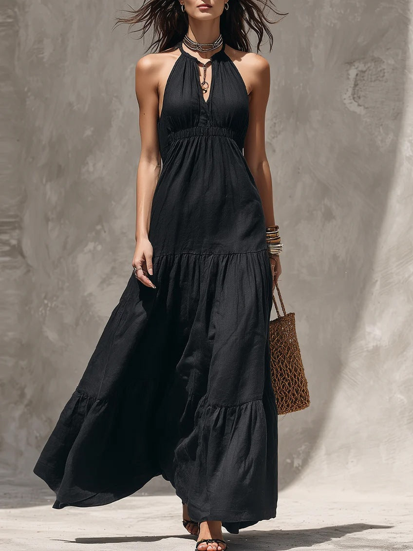 Women's High Waist Stitching Cotton Linen Holiday Dress