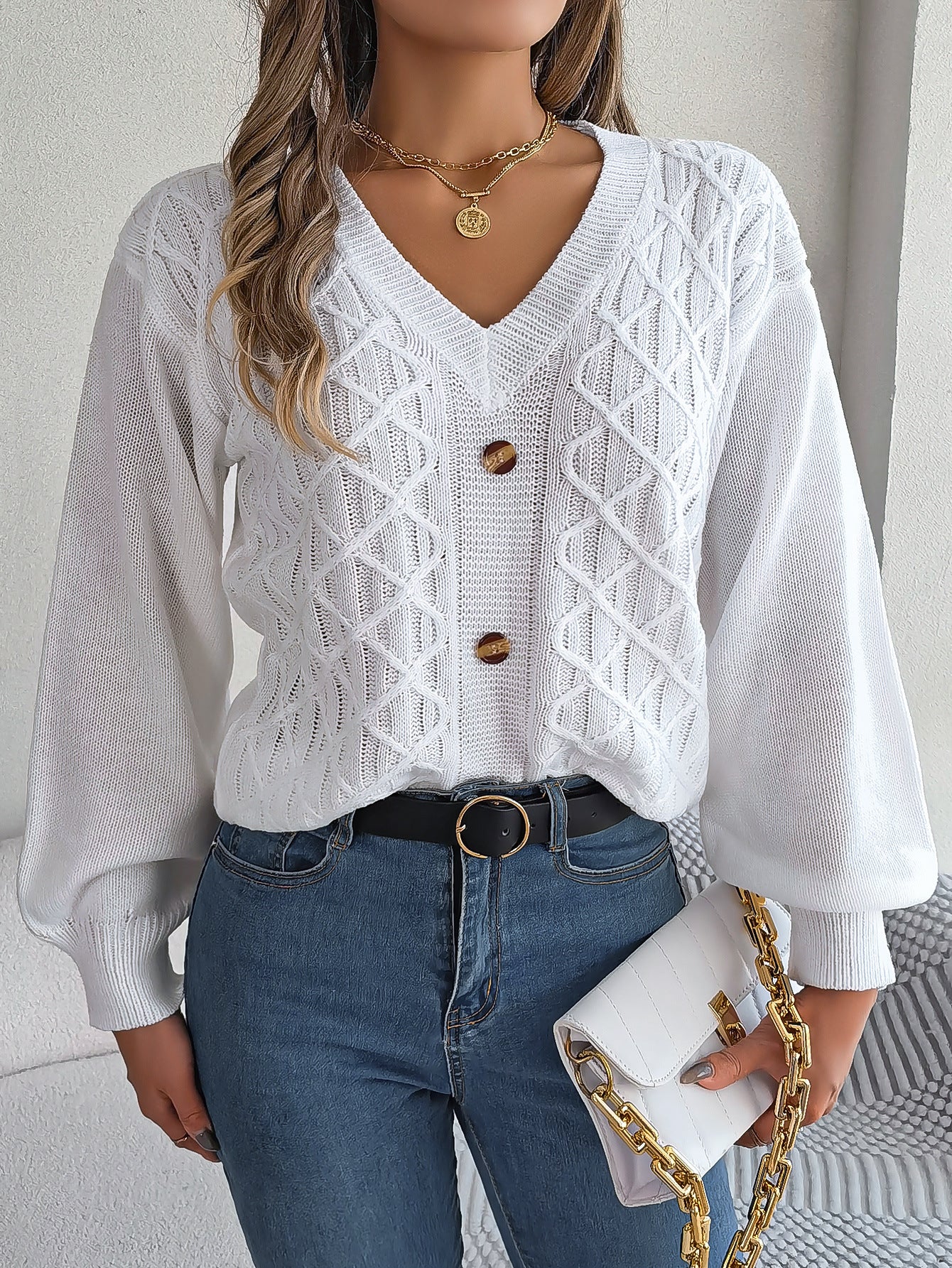 Women's Clearance Style Casual Button Twist Lantern Sleeve Sweaters