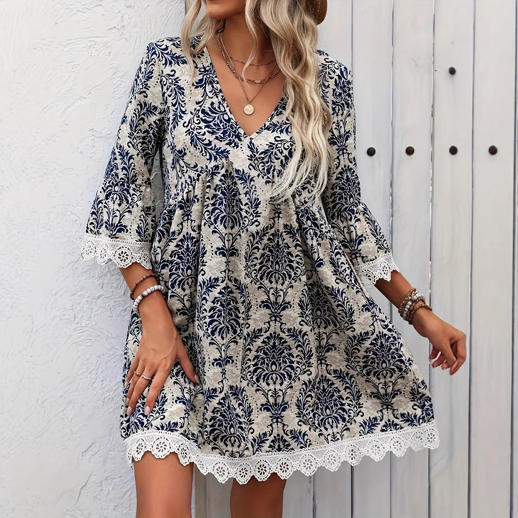 Women's Brocade Printed Low Collar Elegant Long Sleeve Layered Dress