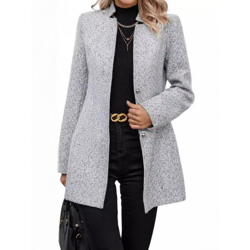 Women's Long Sleeve Solid Color Stand Collar Button Trench Fashion Coats